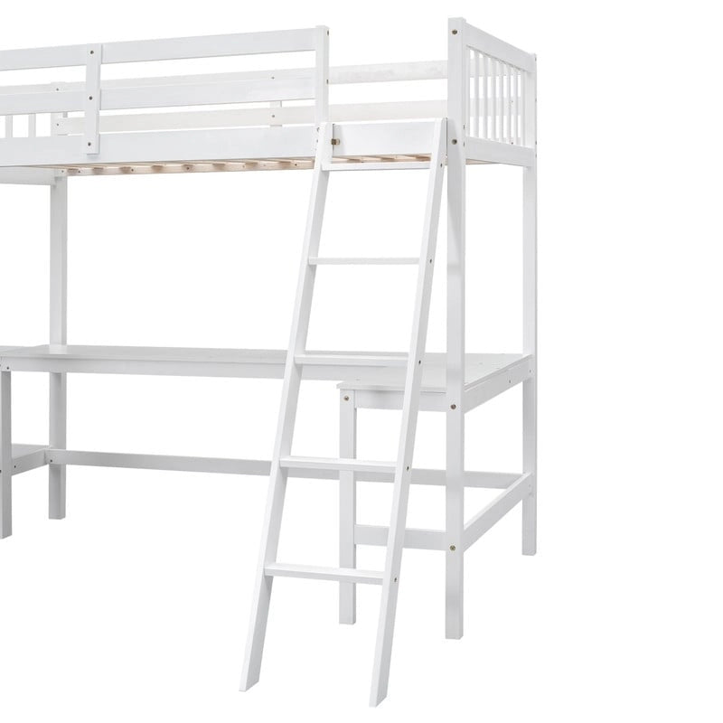 Lit mezzanine en bois en forme de L, double, avec échelle et 2 bureaux intégrés en forme de L