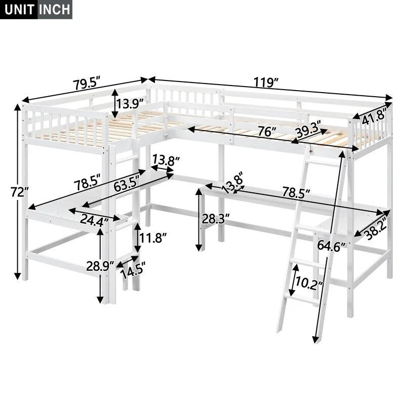 Lit mezzanine en bois en forme de L, double, avec échelle et 2 bureaux intégrés en forme de L