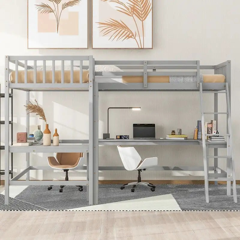 Lit mezzanine en bois en forme de L, double, avec échelle et 2 bureaux intégrés en forme de L