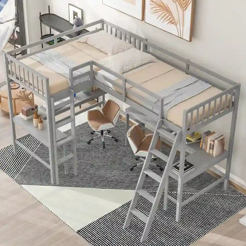 Lit mezzanine en bois en forme de L, double, avec échelle et 2 bureaux intégrés en forme de L
