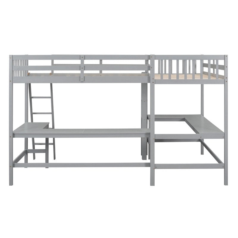 Lit mezzanine en bois en forme de L, double, avec échelle et 2 bureaux intégrés en forme de L