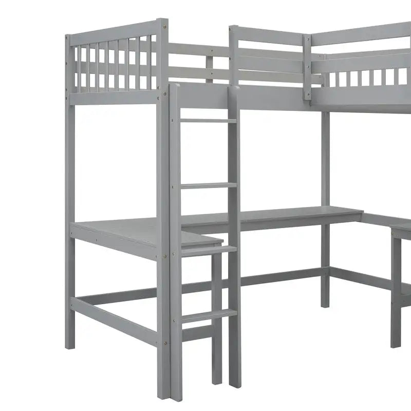 Lit mezzanine en bois en forme de L, double, avec échelle et 2 bureaux intégrés en forme de L