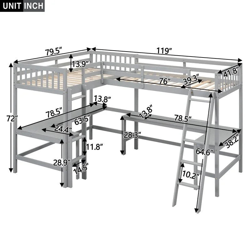 Lit mezzanine en bois en forme de L, double, avec échelle et 2 bureaux intégrés en forme de L