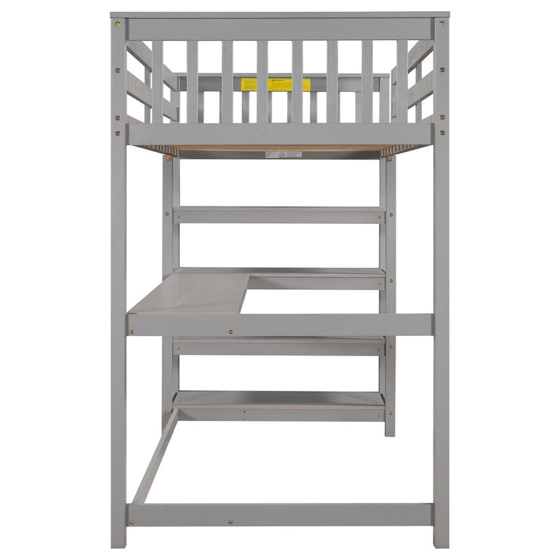 Gray Twin Solid Wood Loft Bed with Desk, Shelves, Guardrails