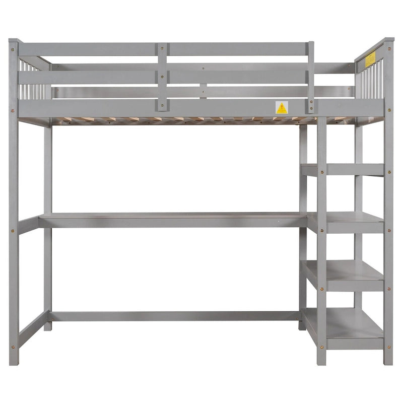 Lit mezzanine en bois massif gris double avec bureau, étagères et garde-corps