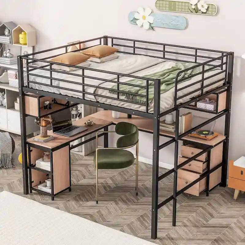 Lit mezzanine en métal avec bibliothèque, bureau et armoire