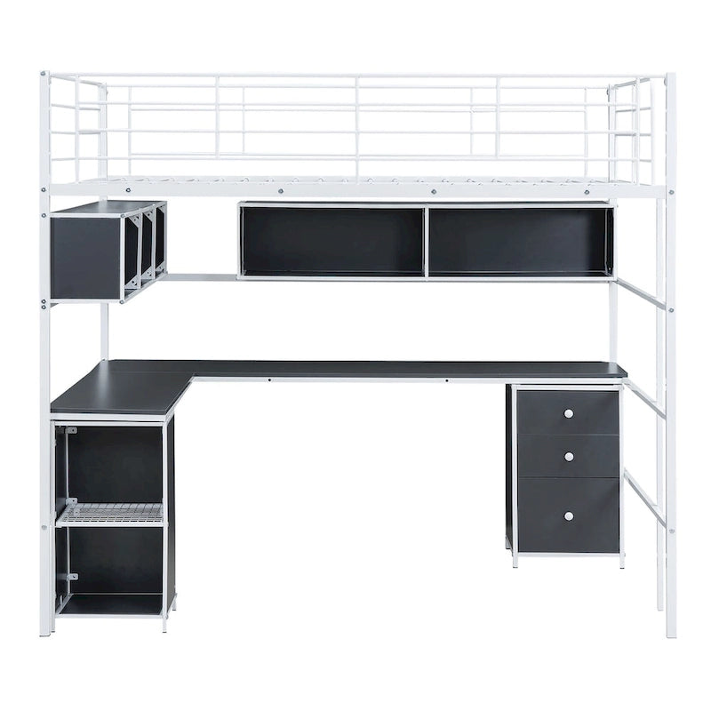 Lit mezzanine en métal avec bibliothèque, bureau et armoire