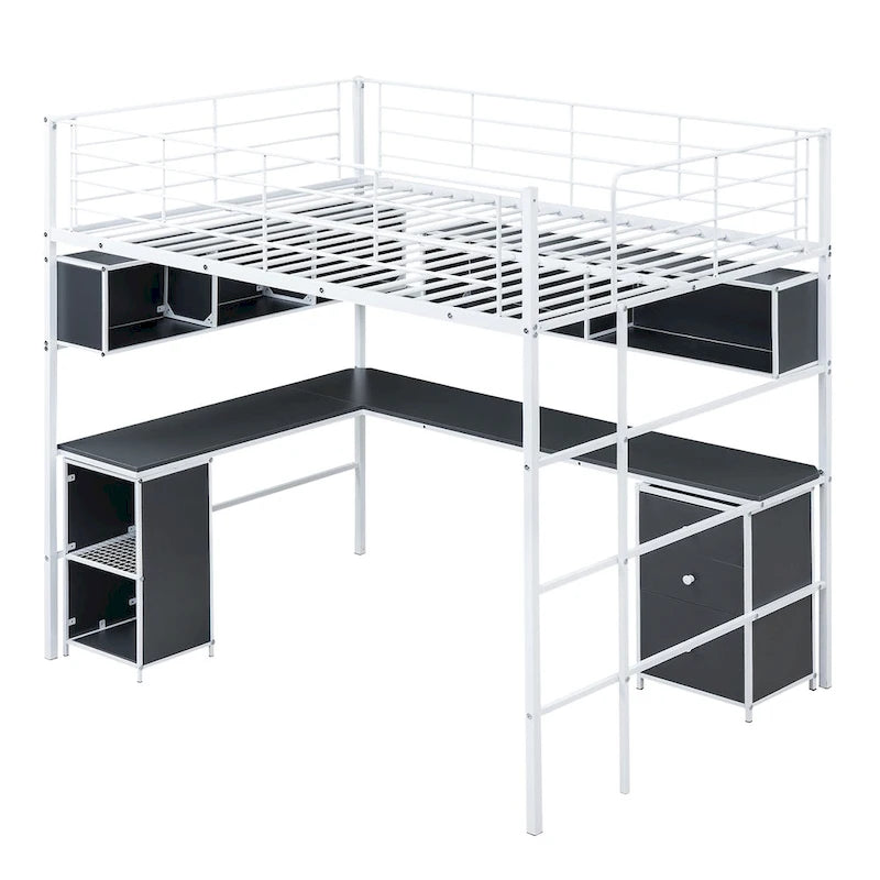 Lit mezzanine en métal avec bibliothèque, bureau et armoire