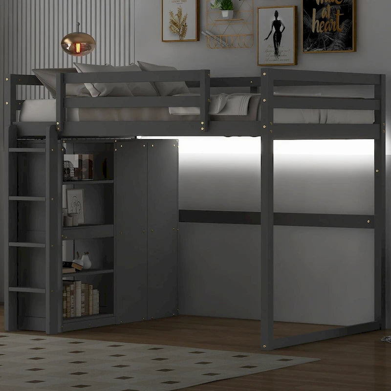 Lit mezzanine grand format moderne avec armoire intégrée et étagères de rangement