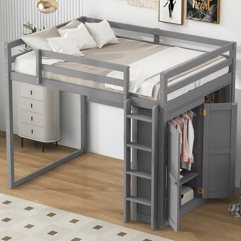Lit mezzanine grand format moderne avec armoire intégrée et étagères de rangement