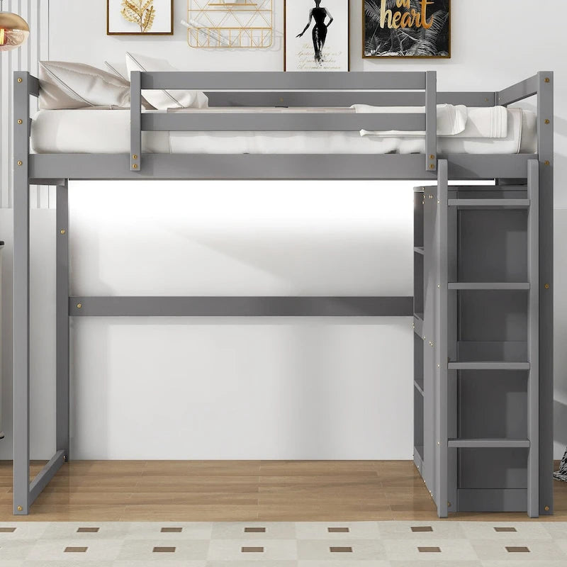 Lit mezzanine grand format moderne avec armoire intégrée et étagères de rangement