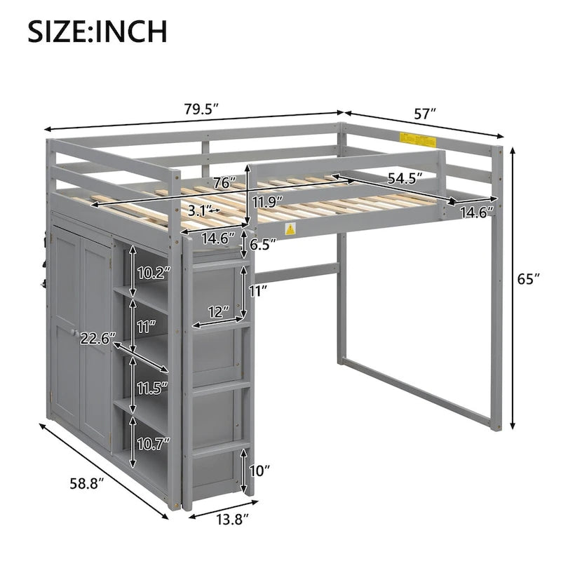 Lit mezzanine grand format moderne avec armoire intégrée et étagères de rangement