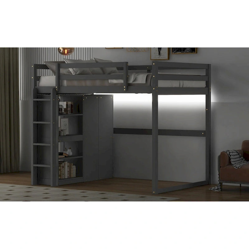 Lit mezzanine grand format moderne avec armoire intégrée et étagères de rangement