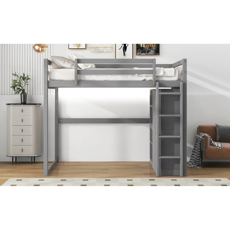Lit mezzanine grand format moderne avec armoire intégrée et étagères de rangement