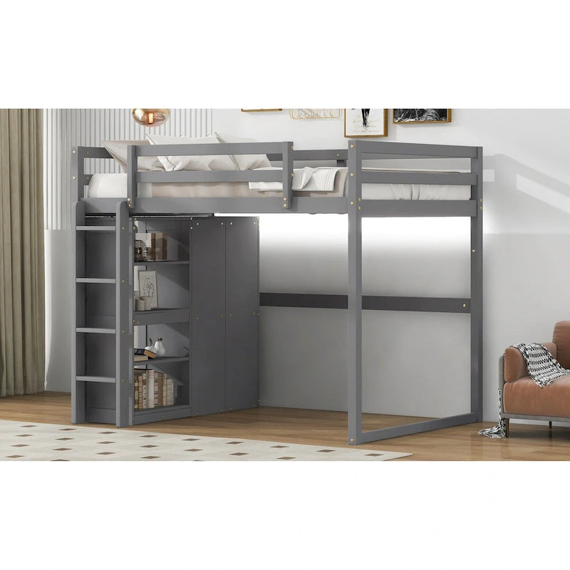 Lit mezzanine grand format moderne avec armoire intégrée et étagères de rangement