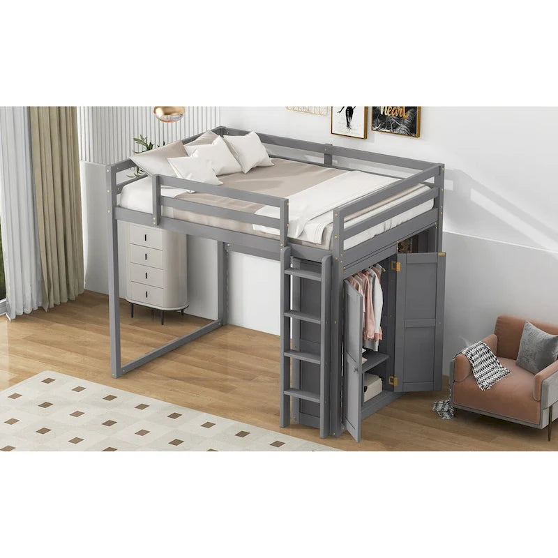 Lit mezzanine grand format moderne avec armoire intégrée et étagères de rangement